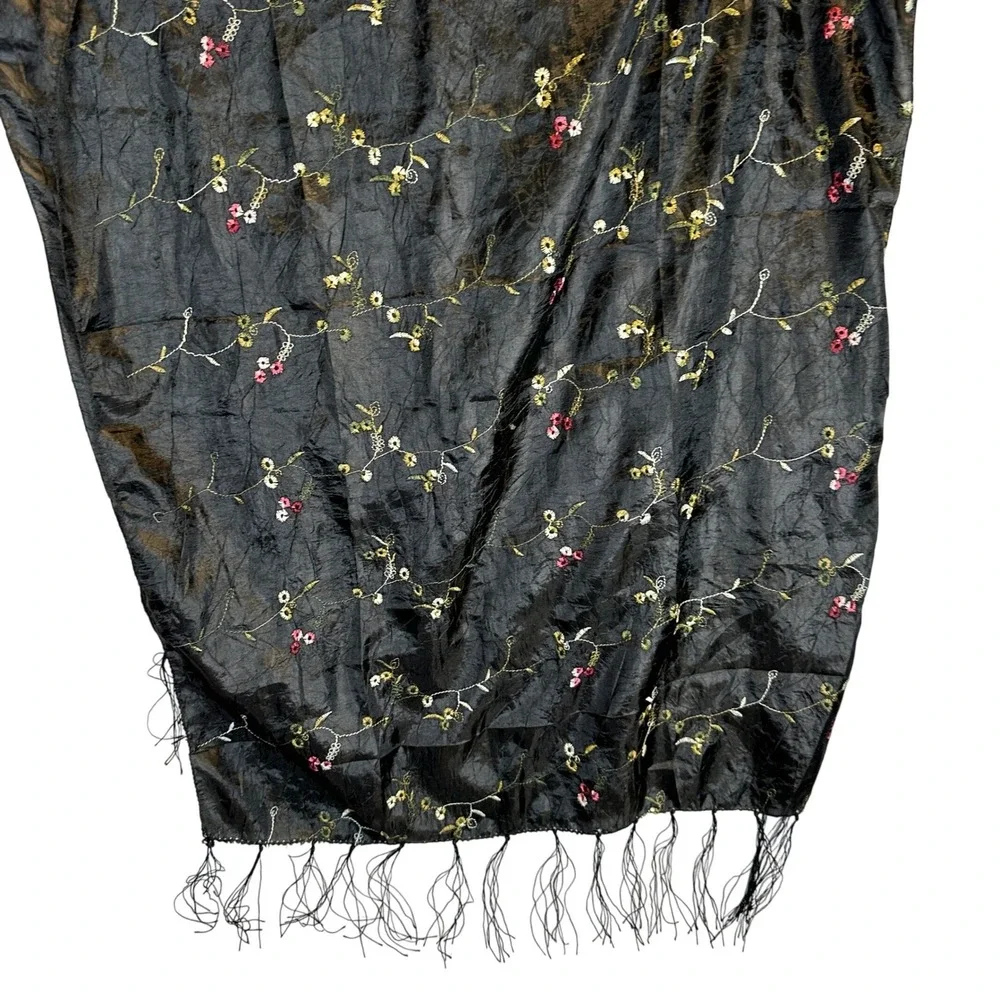 Black Crinkle Whimsigoth Embroidered Floral Fringe Wrap Shawl Scarf Evening Wear